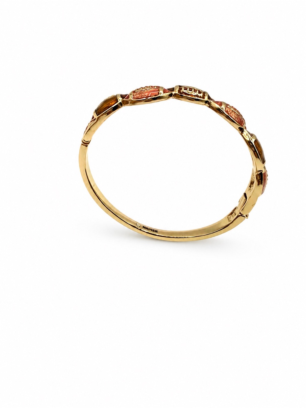 Vintage Napier Gold Tone Enamel Football Bangle Bracelet Pink Brown Hinged Cuff